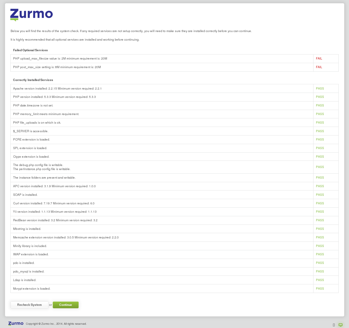 Zurmo - Verificação do Sistema