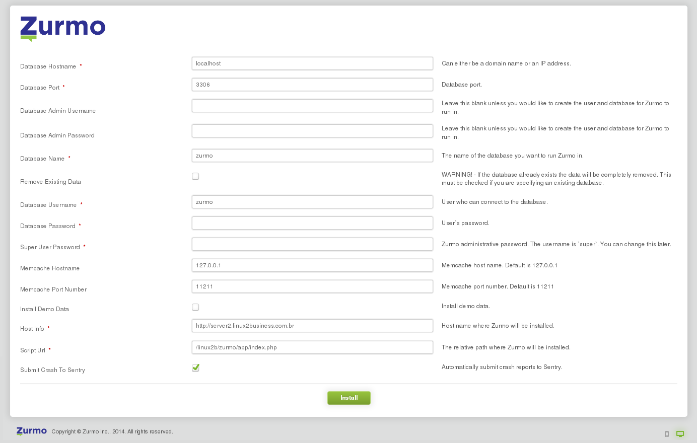 Zurmo - Parâmetros da Instalação
